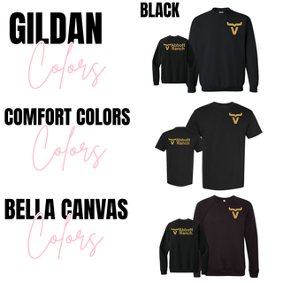 Adult brand and color chart showing Gildan, Comfort Colors, and Bella Canvas options for Abbott Ranch front and back gold logo top, available from Seven Feathers Boutique in Silver Lake Kansas
