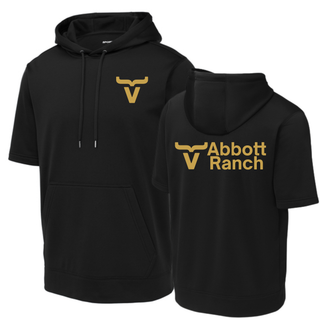 Abbott Ranch front and back gold logo short sleeve hoodie in black Sport Tek, made to order from Seven Feathers Boutique in Silver Lake Kansas