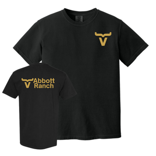 Abbott Ranch front and back gold logo top in black Comfort Colors, made to order from Seven Feathers Boutique in Silver Lake Kansas