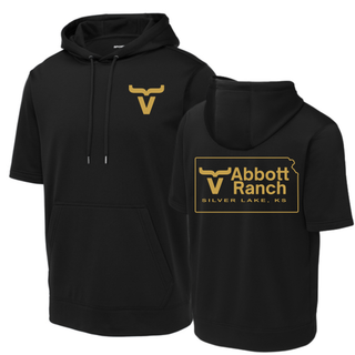 Abbott Ranch front and back Kansas state outline gold logo short sleeve hoodie in black Sport Tek, made to order from Seven Feathers Boutique in Silver Lake Kansas