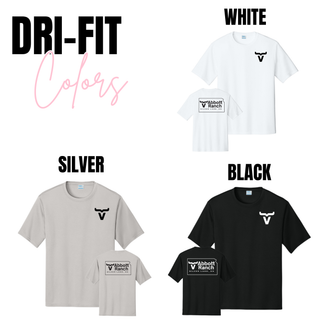 Abbott Ranch dri-fit performance tees in white, silver, and black showing front and back logo
