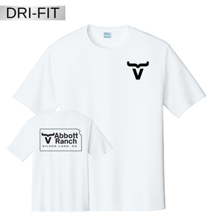 White dri-fit performance tee showing bull horn chest logo front and Abbott Ranch Silver Lake KS box logo back