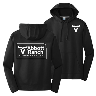 Black performance pullover hoodie showing bull horn chest logo front and Abbott Ranch Silver Lake KS Kansas state logo back
