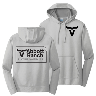 Silver performance pullover hoodie showing bull horn chest logo front and Abbott Ranch Silver Lake KS Kansas state logo back
