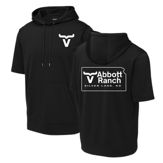 Black short sleeve hoodie showing bull horn chest logo front and Abbott Ranch Silver Lake KS Kansas state logo back
