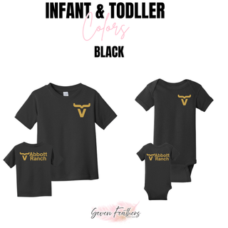 Abbott Ranch front and back gold logo infant onesie and toddler top in black, made to order from Seven Feathers Boutique in Silver Lake Kansas