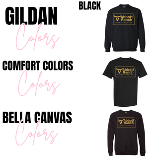 Adult brand and color chart showing Gildan, Comfort Colors, and Bella Canvas options for Abbott Ranch Kansas gold logo top, available from Seven Feathers Boutique in Silver Lake Kansas