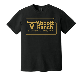 Abbott Ranch Kansas state outline gold logo top in black Comfort Colors, made to order from Seven Feathers Boutique in Silver Lake Kansas