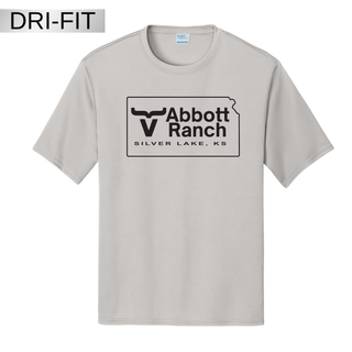 Silver dri-fit performance tee with Abbott Ranch Kansas state logo and Silver Lake KS text centered on front