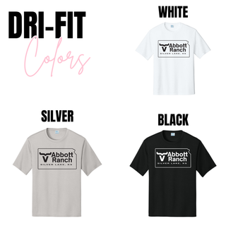 Abbott Ranch Kansas Logo dri-fit performance tees in white, silver, and black with Kansas state logo and Silver Lake KS design