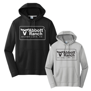 Abbott Ranch Kansas Logo performance hoodies in black and silver with Kansas state logo and Silver Lake KS design centered on front