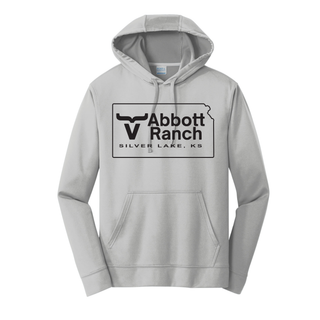 Silver Abbott Ranch Kansas Logo performance hoodie with Kansas state logo and Silver Lake KS text centered on front