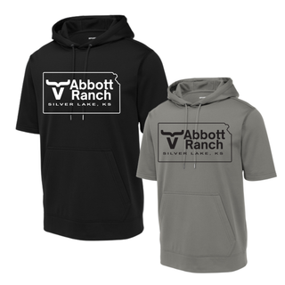 Abbott Ranch Kansas Logo short sleeve hoodies in black and dark smokey grey with Kansas state logo and Silver Lake KS design on front