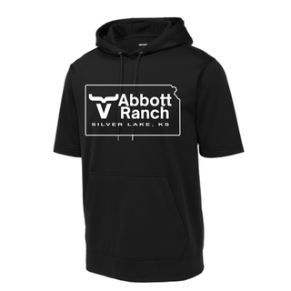 Black Abbott Ranch Kansas Logo short sleeve hoodie with Kansas state logo and Silver Lake KS text centered on front