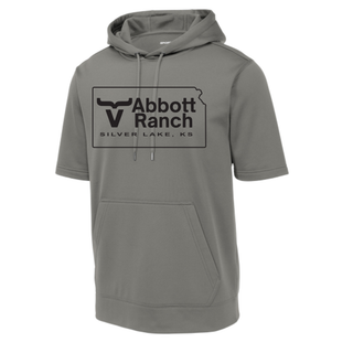 Dark smokey grey Abbott Ranch Kansas Logo short sleeve hoodie with Kansas state logo and Silver Lake KS text centered on front