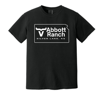 Black Comfort Colors tee with Abbott Ranch Kansas state logo and Silver Lake KS text centered on front