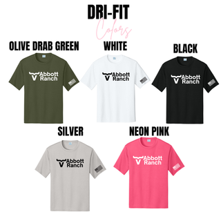 Abbott Ranch logo dri-fit performance tops in olive drab green, white, black, silver, and neon pink with American flag sleeve