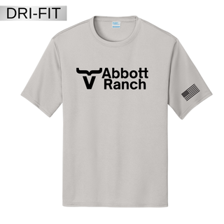 Silver dri-fit performance tee with Abbott Ranch bull horn logo on front and American flag on sleeve