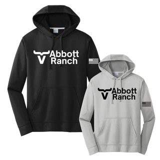 Abbott Ranch Logo American Flag Sleeve performance hoodies in black and silver with bull horn logo on front and American flag on sleeve