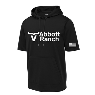 Black Abbott Ranch Logo American Flag Sleeve short sleeve hoodie with bull horn logo centered on front and American flag on sleeve