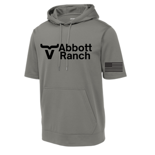 Dark smokey grey Abbott Ranch Logo American Flag Sleeve short sleeve hoodie with bull horn logo centered on front and American flag on sleeve