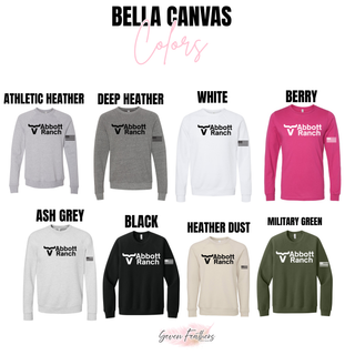 Bella Canvas Abbott Ranch logo crewnecks in athletic heather, deep heather, white, berry, ash grey, black, heather dust, and military green