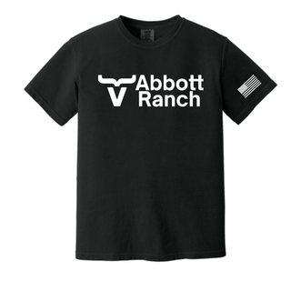 Black Comfort Colors tee with Abbott Ranch bull horn logo centered on front and American flag on sleeve