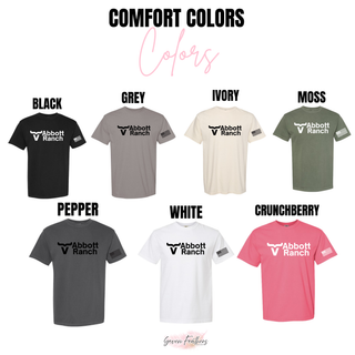 Comfort Colors Abbott Ranch logo tees in black, grey, ivory, moss, pepper, white, and crunchberry