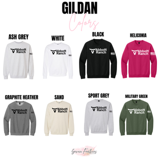 Gildan Abbott Ranch logo crewnecks in ash grey, white, black, heliconia, graphite heather, sand, sport grey, and military green