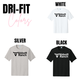Dri-fit performance top color chart showing Abbott Ranch logo top in white, silver, and black