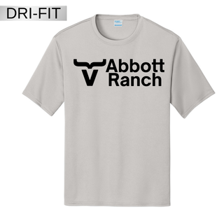 Port Company silver short sleeve dri-fit performance top with black Abbott Ranch bull horn V logo and Abbott Ranch text graphic on chest