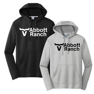 Port Company black and silver performance hoodies shown together with Abbott Ranch bull horn V logo and Abbott Ranch text graphic on chest