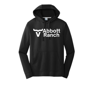 Port Company black performance hoodie with white Abbott Ranch bull horn V logo and Abbott Ranch text graphic on chest