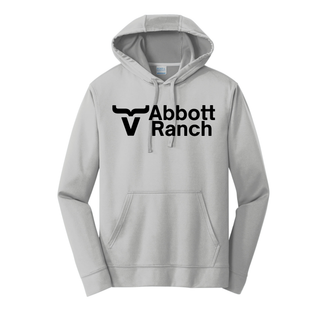 Port Company silver performance hoodie with black Abbott Ranch bull horn V logo and Abbott Ranch text graphic on chest