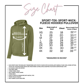 Sport-Tek Sport-Wick Fleece Hooded Pullover size chart with body length, chest, and sleeve measurements XS through 4X in inches
