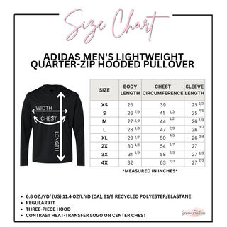 Adidas men's lightweight quarter-zip hooded pullover size chart with body length chest and sleeve measurements
