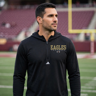 Man wearing Black Adidas Men's Lightweight Quarter-Zip Hooded Pullover with Silver Lake Eagles Football Standard graphic
