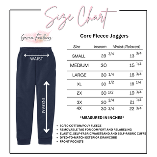 Adult size chart for the core fleece joggers