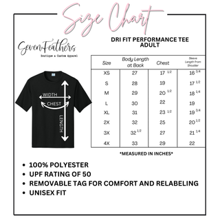 Adult size chart for the Dri-Fit performance top, XS through 4XL