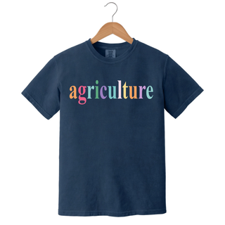 Agriculture graphic design in a colorful pastel font on an adult blue Comfort Colors short sleeve t-shirt.