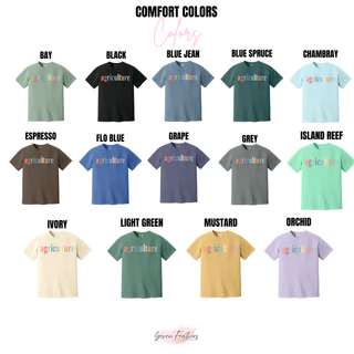 Comfort Colors t-shirt color chart for the colorful Agriculture graphic tee, featuring adult garment-dyed shades in bay, black, blue jean, blue spruce, chambray, espresso, flo blue, grape, grey, island reef, ivory, light green, mustard, and orchid.