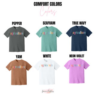 Additional Comfort Colors t-shirt color options for the colorful Agriculture graphic tee, including pepper, seafoam, true navy, yam, white, and neon violet.