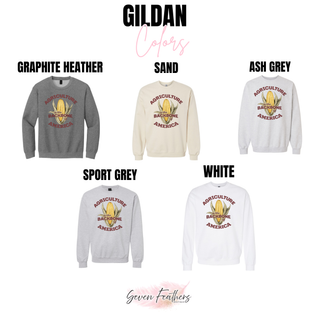 Agriculture is the Backbone of America crewneck sweatshirt shown in graphite heather, sand, ash grey, sport grey, and white