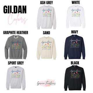 Agriculture wildflower top crewneck sweatshirt color options including ash grey white graphite heather sand navy sport grey and black