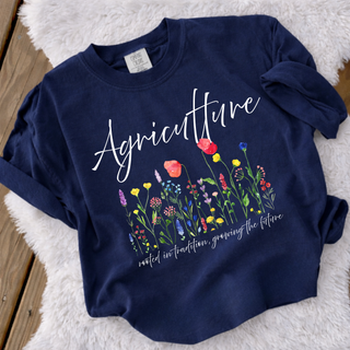 Navy agriculture top with wildflower design and rooted in tradition growing the future script