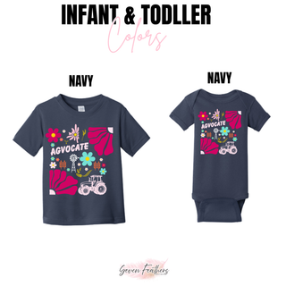 Agvocate Top navy infant bodysuit and toddler t-shirt sizing options