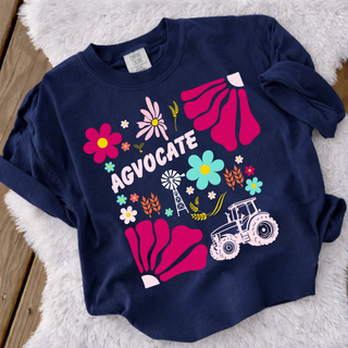 Agvocate Top true navy Comfort Colors t-shirt flat lay with floral tractor windmill farm graphic