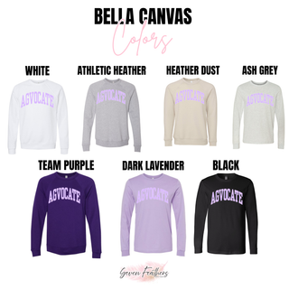 Bella Canvas color chart for the Agvocate Varsity Block apparel, showing long sleeve tees and crewneck sweatshirts in white, athletic heather, heather dust, ash grey, team purple, dark lavender, and black.
