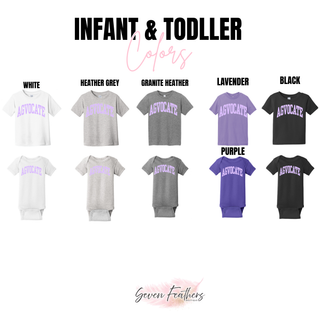 Infant and toddler color chart for the Agvocate Varsity Block design, featuring baby bodysuits and toddler tees in white, heather grey, granite heather, lavender, and black.