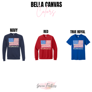 All American Girl Bella Canvas crewneck and tee color options in navy, red, and true royal